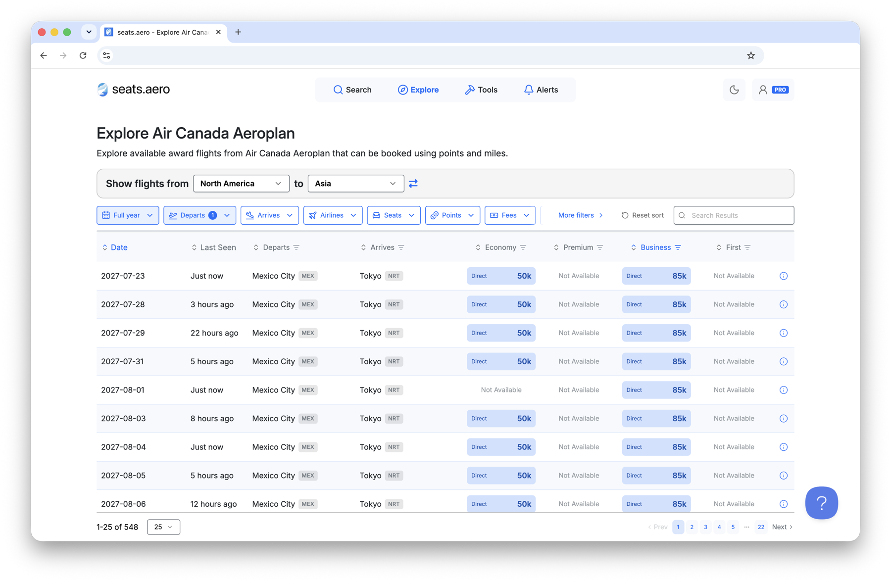 seats.aero Explore for Air Canada Aeroplan, North America to Asia: Mexico City to Tokyo Narita dates in July and August 2027, with direct business class at 85k points.